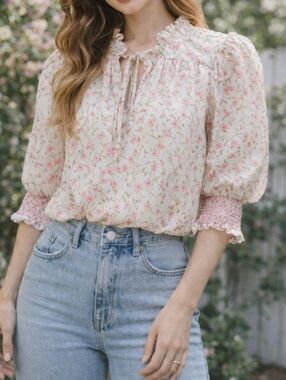 Tamara H Floral Puff Sleeve Blouse Cottagecore Tie Neck Smocked Cuff Romantic